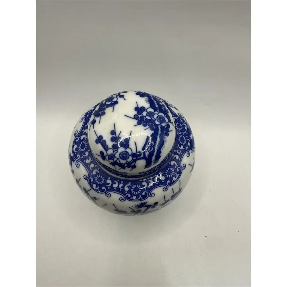 Blue & White Porcelain Floral Ginger Jar Style Lidded Jar Made in Japan *